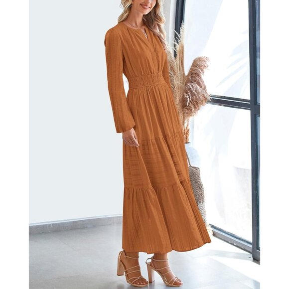 Women Brown Orange Long Sleeve V Neck Elastic Waist Maxi Dress With Pockets - Picture 6 of 8